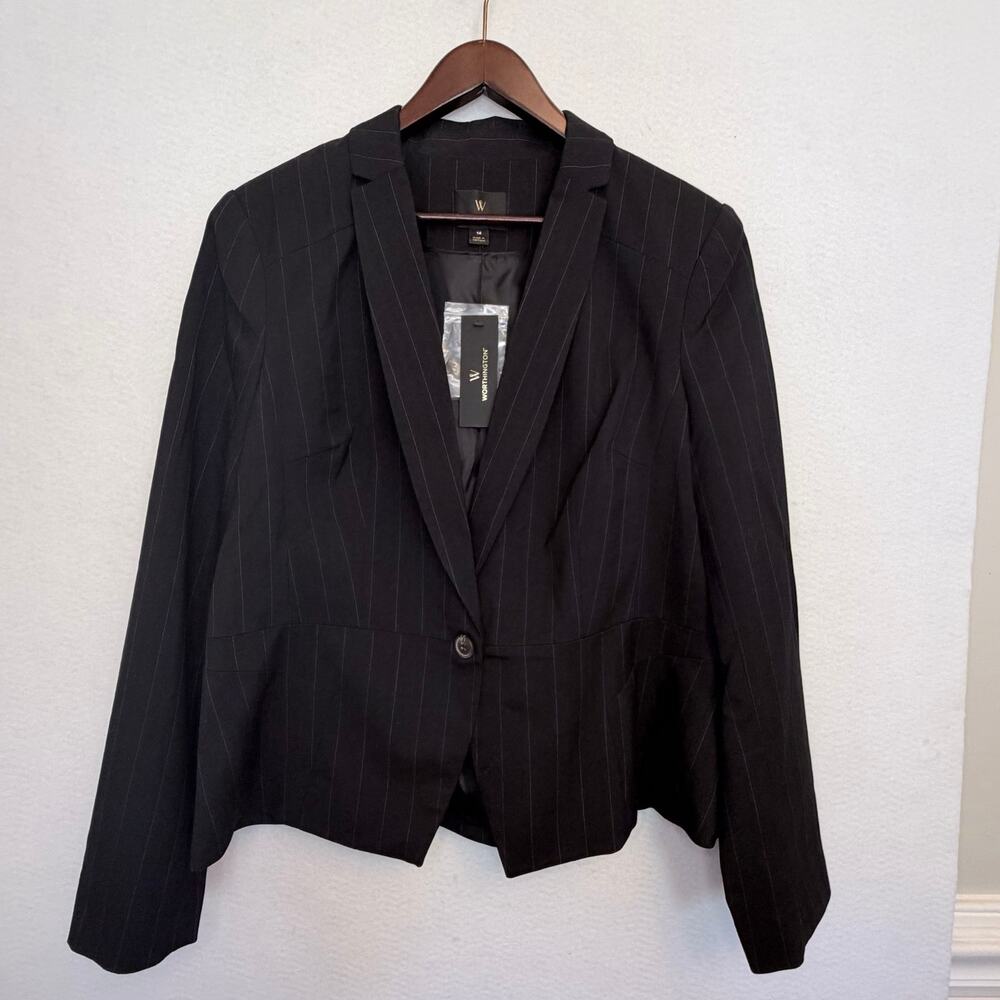 Worthington NEW Blazer 14 Black Pale Blue Pinstripe Stretch One Button Career